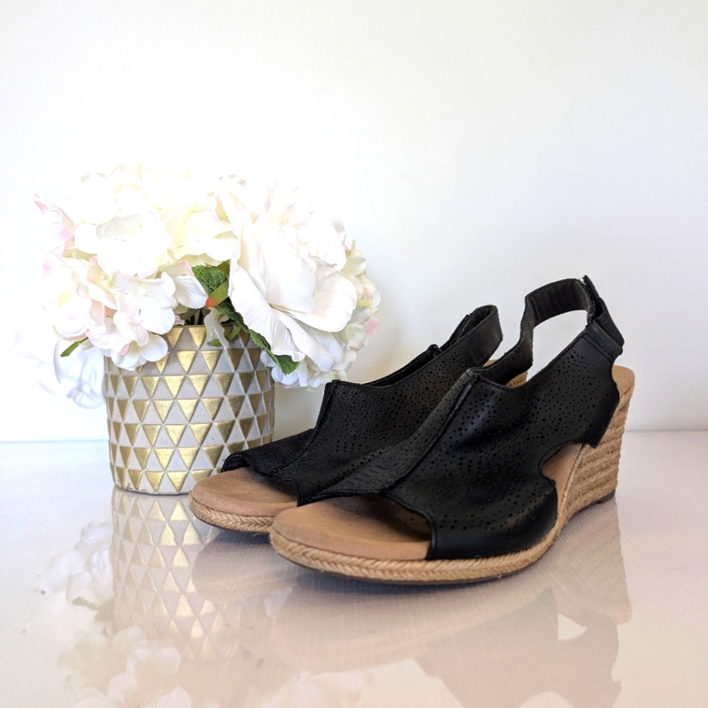 NWOT 👡 Clarks | Size 10 | Women's Lafley Rosen Wedge Sandals, Black Leather